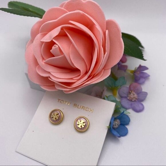NWOT  Tory Burch Gold Logo Pearlescent Stud Earrings, Comes With Dust Bag - Picture 4 of 5
